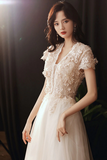 Light Champagne V Neck Tulle Lace Long Prom Dress Lace Evening Dress KPP1942