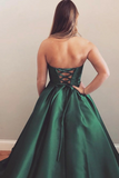 Green Satin Strapless Long Prom Dresses, A Line Evening Dresses KPP1944