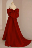 A Line Sweetheart Neck Satin Burgundy Long Prom Dress with Bow KPP1946
