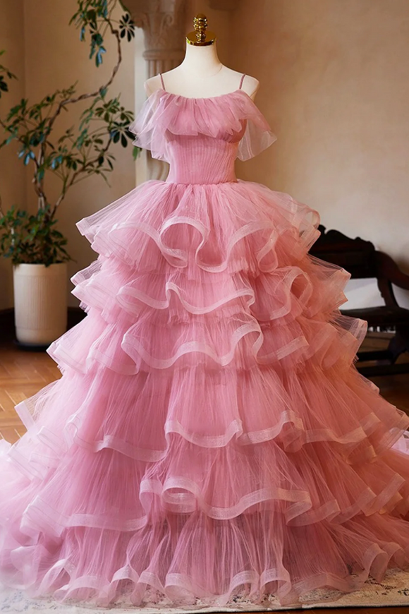 Pink Tulle Layers Long A Line Prom Dress, Pink Spaghetti Strap Sweet 16 Dress Evening Dress KPP1947