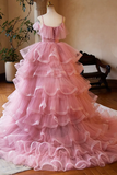 Pink Tulle Layers Long A Line Prom Dress, Pink Spaghetti Strap Sweet 16 Dress Evening Dress KPP1947