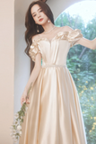 Light Champagne Satin Sweetheart Beaded Party Dress, A Line Satin Prom Dress KPP1948