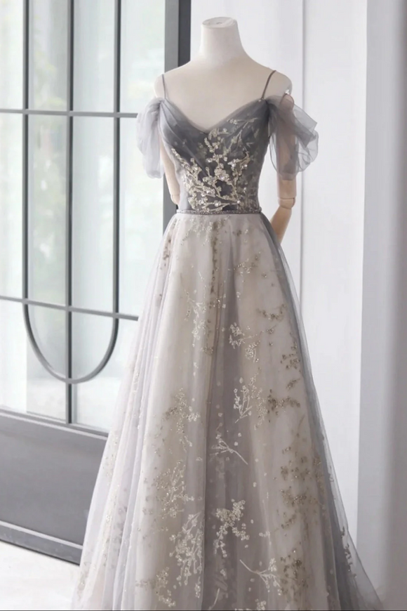 A Line Grey Off Shoulder Sweetheart Tulle Prom Dress, Grey Long Evvening Dress KPP1949