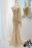 Champagne Mermaid Long Party Dress, Champagne Sequins Prom Dress KPP1950