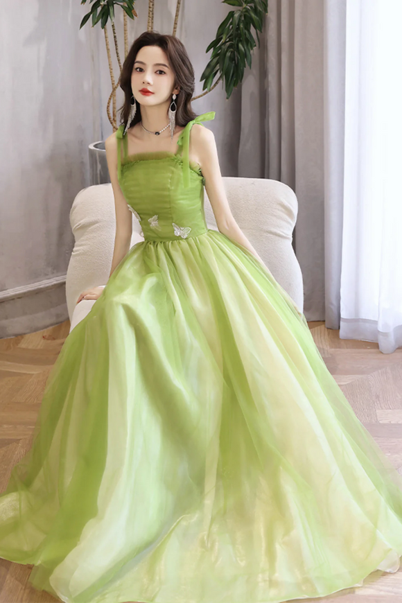 Light Green A Line Straps Tulle Long Party Dress, Light Green Tulle Prom Dress KPP1951