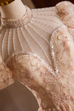 Beautiful Tulle Flower Tea Length Prom Dress, Off the Shoulder Short Sleeve Evening Party Dress KPP1952