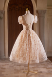Beautiful Tulle Flower Tea Length Prom Dress, Off the Shoulder Short Sleeve Evening Party Dress KPP1952