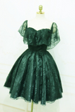 Dark Green Lace Off Shoulder Short Party Dress, Lace Homecoming Dress KPH0718