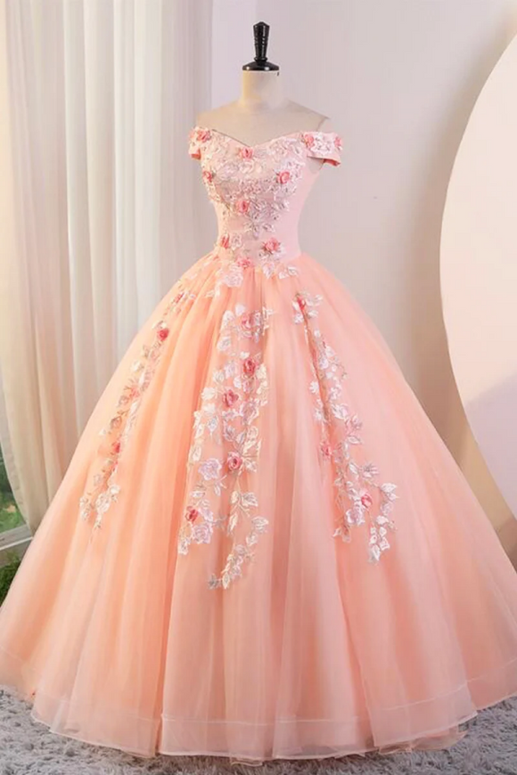 Pink Tulle Lace and Flowers Ball Gown Formal Dresses, Pink Long Sweet 16 Dresses KPP1953