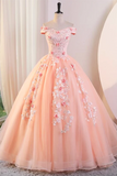 Pink Tulle Lace and Flowers Ball Gown Formal Dresses, Pink Long Sweet 16 Dresses KPP1953