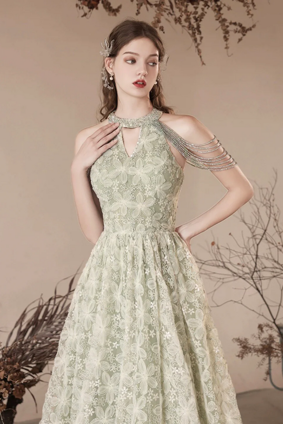 Cute Tulle Flower Floor Length Green Prom Dress, Beautiful Backless A Line Evening Party Dress KPP1956