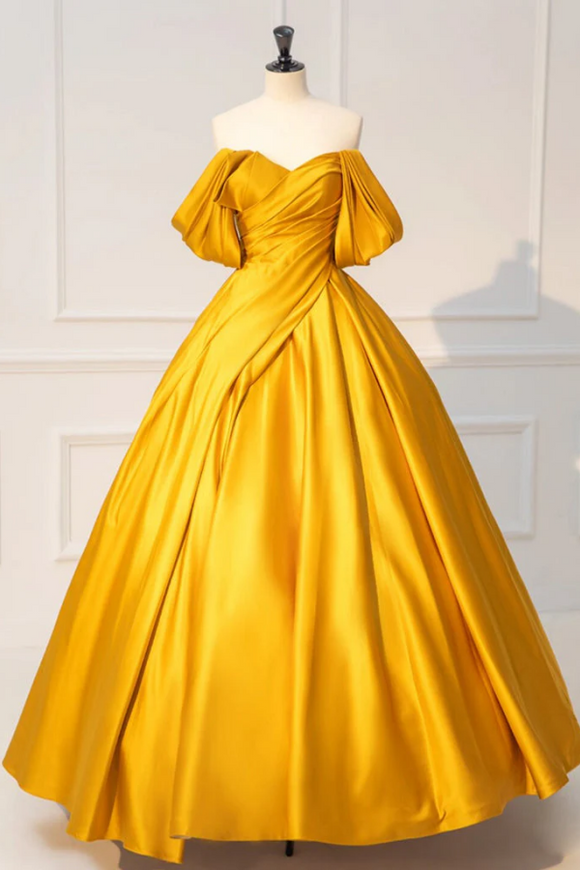 A Line Off Shoulder Satin Yellow Long Prom Dress, Yellow Long Formal Dress KPP1957