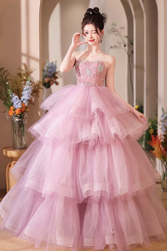 Pink Tulle Layers Long A Line Prom Dress, Pink Sweetheart Neckline Evening Gown KPP1958
