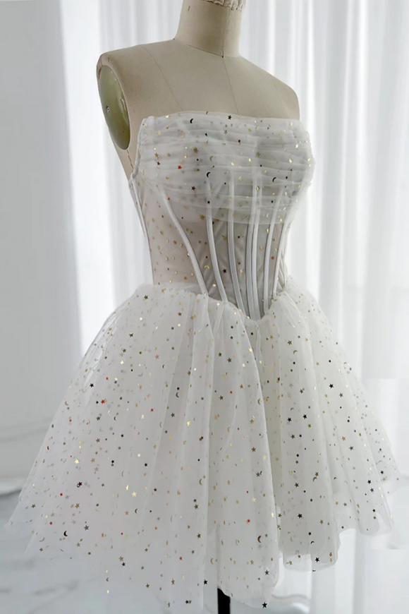 White A Line Tulle Star Short Prom Dress, White Cute Homecoming Dress KPP1961
