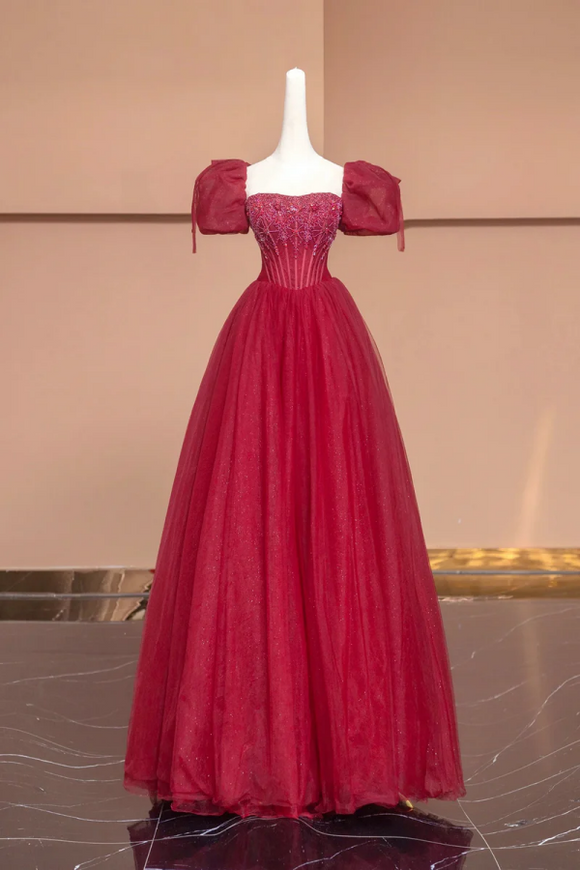 Burgundy Tulle Beaded Floor Length Prom Dress, A Line Short Sleeve Evening Dress KPP1962