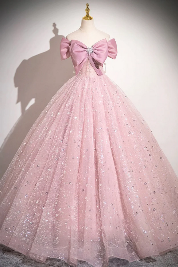 Pink Tulle Sequins Long A Line Prom Dress, Pink Off Shoulder Evening Dress KPP1963