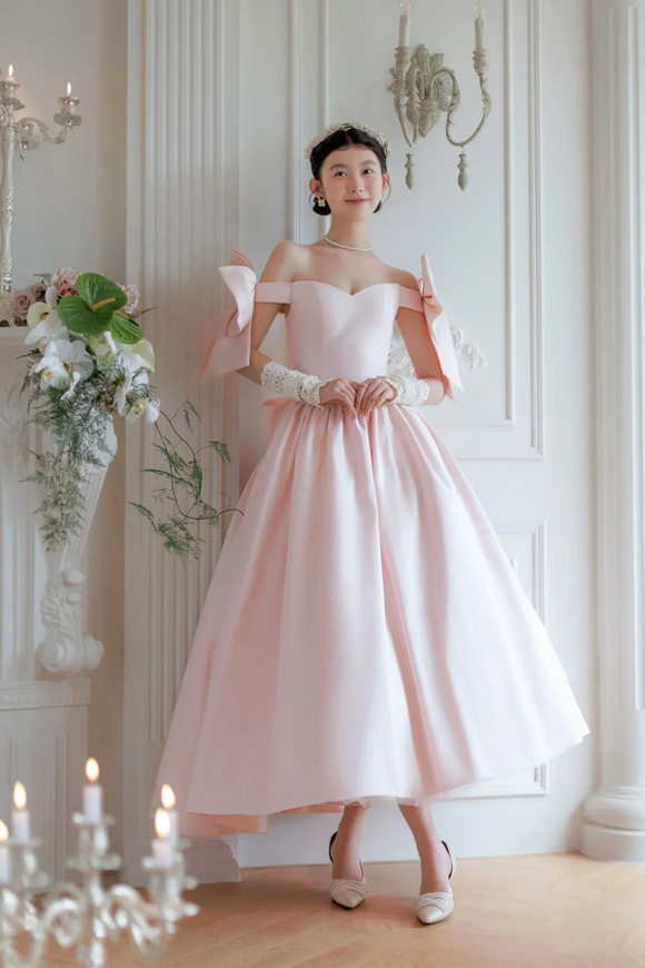 Lovely Satin Tea Length Prom Dress, Pink Off the Shoulder Evening Party Dress with Bows KPH0720