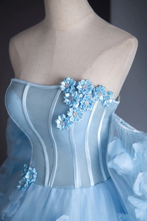 Blue Tulle Long Sleeves Formal Dress with Flowers, Blue A Line Prom Pa –  kateprom