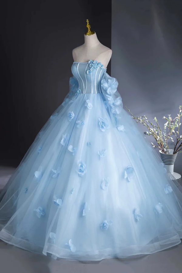 Blue Tulle Long Sleeves Formal Dress with Flowers, Blue A Line Prom Pa –  kateprom