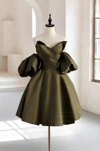 olive green dress homecoming A-Line Puff Sleeves Satin Short Prom Dress, Olive Green US 16 / Green please leave your measurements in the message box of the shopping cart Lavetir Olive Green A-Line Sleeveless