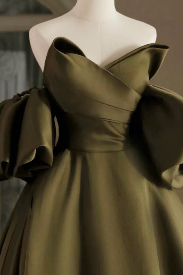 A Line Puff Sleeves Olive Green Satin Short Prom Dress, Olive Green Ho –  kateprom