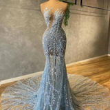 Luxury Beads Sequins Evening Dresses Light Sky Blue Illusion Women Formal Pageant Gowns KPP1892