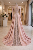 Dusty Rose High Neck Long Sleeve Lace Corset Evening Gown With Satin Train