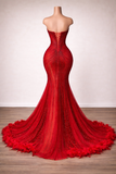 Red Strapless Corset Mermaid Gown With Crystal Beading Feather Hem And Lace Up Back KPP2391
