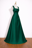Emerald Green Satin Square Neck A Line Gown With Lace Up Back KPP2401