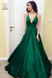 Simple V-Neck Floor-Length Satin Burgundy Prom Dress with Pockets KPP0004