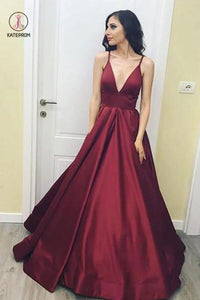 Simple V-Neck Floor-Length Satin Burgundy Prom Dress with Pockets KPP0004