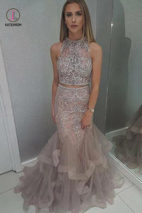 Two Piece Sleeveless Prom Dress with Beading, Floor Length Tulle Evening Dress KPP0005