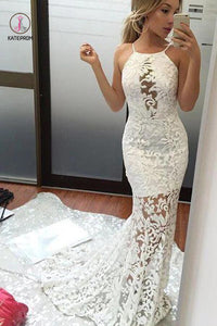 Charming Mermaid Lace Wedding Dress, Brush Train Sexy Ivory Bridal Dress, Lace Prom Gown KPW0001