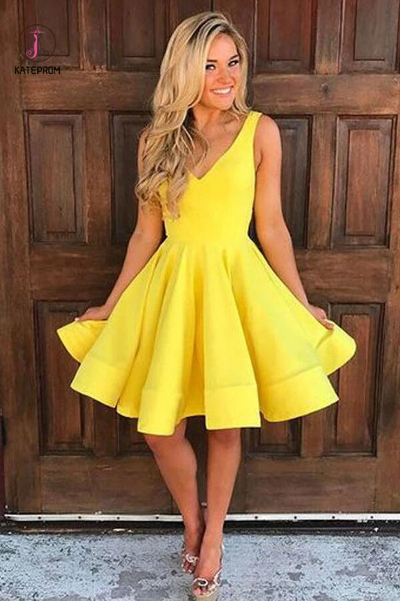 A-line Yellow Satin Short Prom Dress Homecoming Dress Short Prom Dresses KPH0001