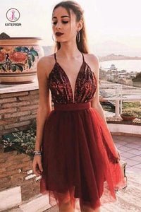 Burgundy Deep V Neck Tulle Homecoming Dress with Sequins, A Line Graduation Dress KPH0002