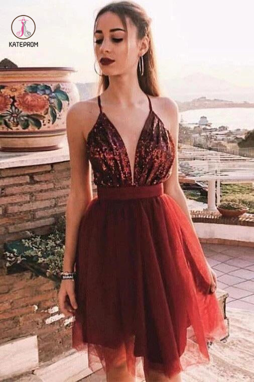 Burgundy Deep V Neck Tulle Homecoming Dress with Sequins, A Line Gradu kateprom Burgundy Deep V Neck Tulle Homecoming Dress with Sequins, A Line Gradu kateprom