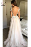 Cap Sleeve Deep V-neck Prom Gown With Appliques,Sexy Split Tulle Wedding Dresses KPW0004