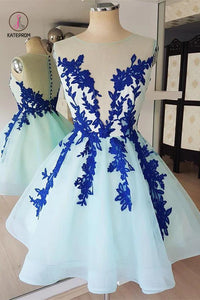 A Line Sheer Neck Sleeveless Short Homecoming Dress with Royal Blue Appliques KPH0004