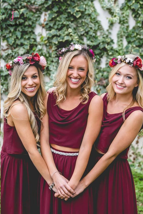 Two Piece Bridesmaid Dresses Bohemia A Line Burgundy Long Chiffon Chea