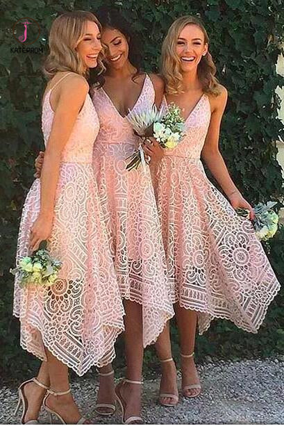 Pink V-neck Straps Tea Length Asymmetrical Lace Bridesmaid Dress,Midi –  kateprom