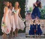 Pink V-neck Straps Tea Length Asymmetrical Lace Bridesmaid Dress,Midi Homecoming Dress KPB0004