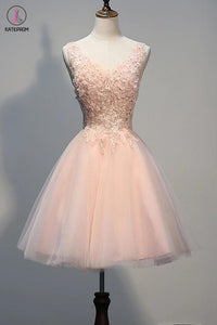Blush Pink Lace Beaded Backless V-neck Homecoming Dresses KPH0019