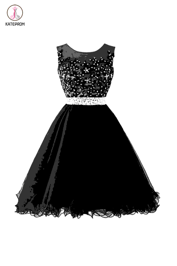 Black Beaded Cap Sleeves Lace Homecoming Cocktail Dresses KPH0030
