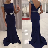 Navy Blue Sequined Fitted Cap Sleeve Prom Gown,Mermaid Prom Dress,Formal Gown KPP0188