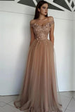 Beautiful Tulle A-line Off-the-Shoulder Long Prom Dresses with Appliques KPP0315