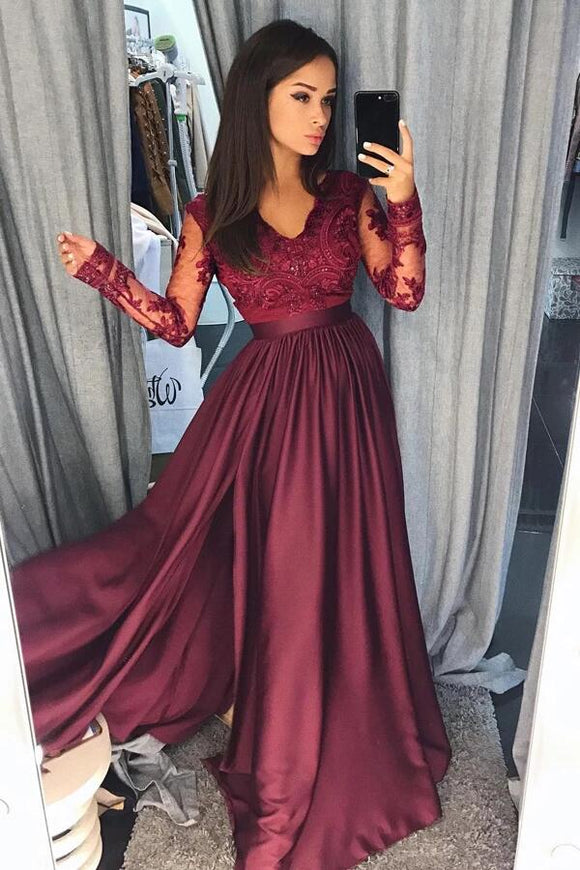Burgundy Satin Long Sleeves A-line Long Prom Dresses Evening Dresses KPP0316
