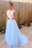 Elegant Blue Chiffon A line V neck Lace Long Prom Dresses, Evening Dress KPP0318