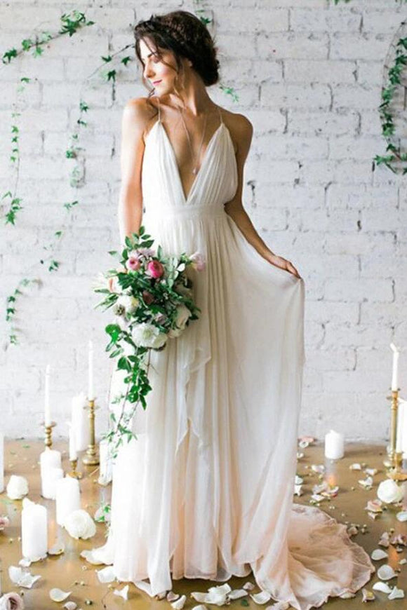 Chiffon Long Wedding Gowns,Backless Beach Wedding Dresses,Cheap Bridal Dresses KPW0132