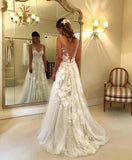 Fabulous Tulle A-line V-neck Floor Length Lace Wedding Dresses With Appliques KPW0134