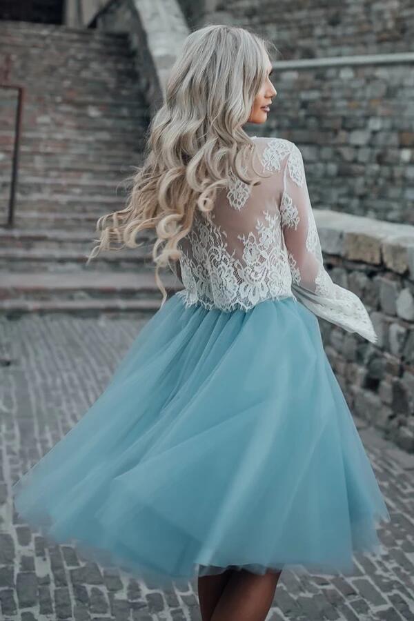 White Lace Two-Piece Long Sleeves Homecoming Dress with Tutu Skirt KPH   kateprom